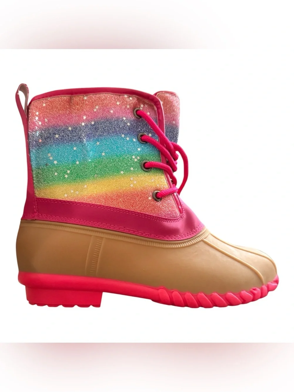 Rainbow Ombre Glitter Duck Boots Lace Up Sherpa Girl's.  Size 5